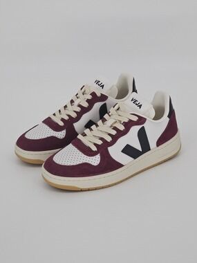 VEJA V-10 Leather Sneakers White Black Amarante Women's US 6 EU 37